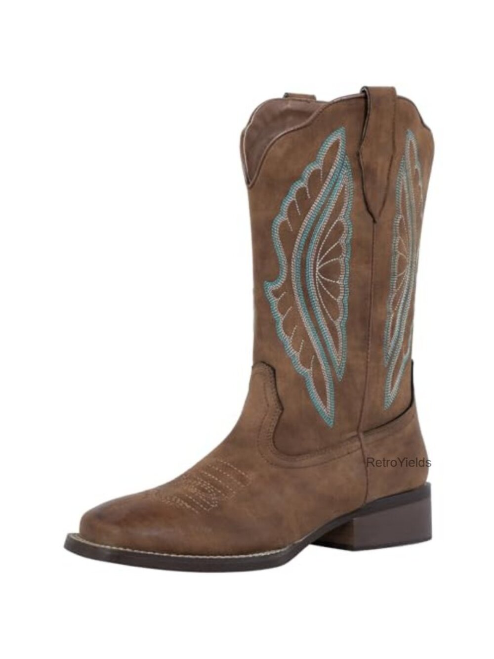 Wide Calf Cowboy Boots Square Toe Embroidered Faux Leather Western Work Boots